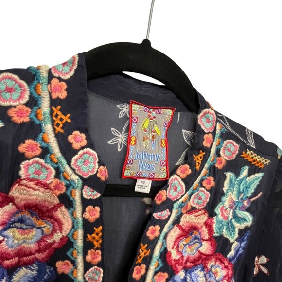 Johnny Was Embroidered Floral Tunic Shirt Navy Blue Long Sleeve V Neck‎ XS - Picture 10 of 12